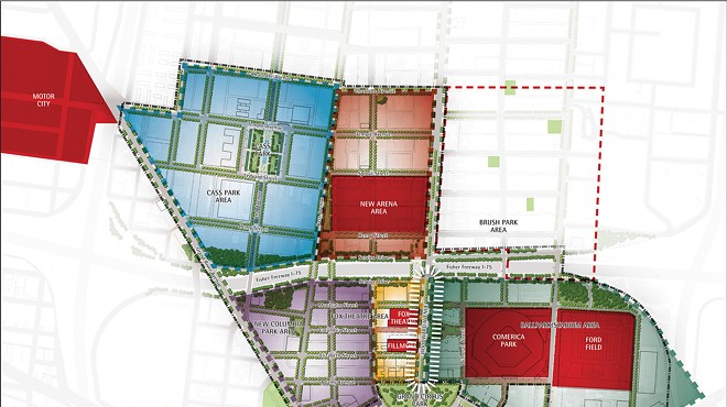 A map laying out the proposed 45-acre district in downtown Detroit anchored by a new Detroit Red Wings arena.