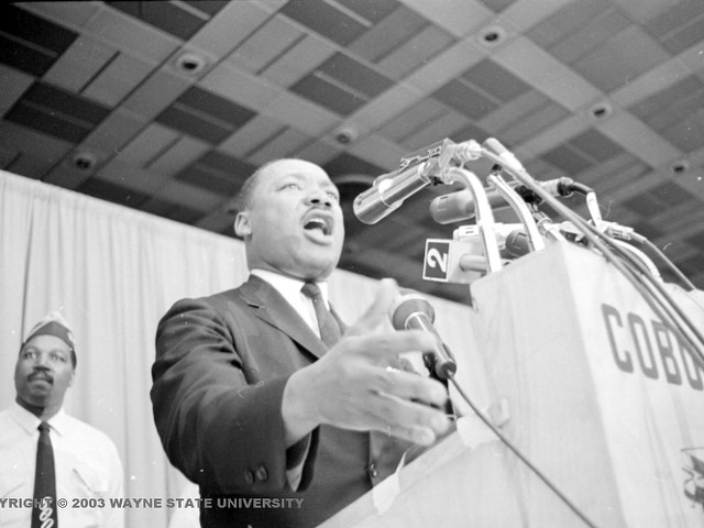 Martin Luther King, Jr. speaking at Cobo Hall in June 1963.