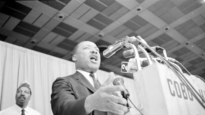 Martin Luther King, Jr. speaking at Cobo Hall in June 1963.