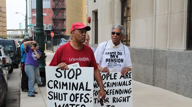 A coalition of welfare rights groups rally outside of the Detroit Water & Sewerage Department's main office at 735 W. Randolph in downtown Detroit on Friday, June 6. The groups were protesting efforts by the city to cut water service to residential customers with $150 or more in outstanding fees.