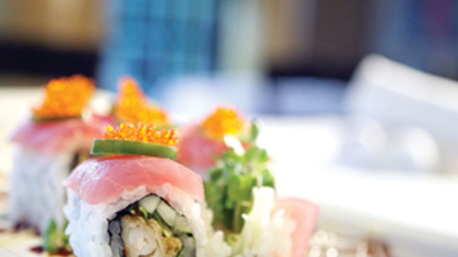 Shrimp tempura sushi roll topped with Ahi tuna.
