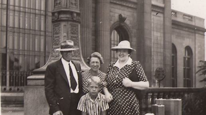 The author's father with his mother (center) and visiting relatives, in front of Michigan Central Station, c. 1941.