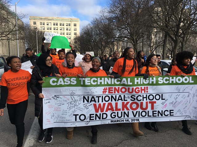 Cass Tech students ask for stricter gun control during a protest on National School Walkout Day