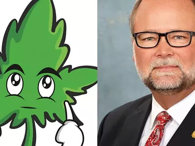 Frustrated weed leaf (left), Senate Majority Leader Arlan Meekhof (right).