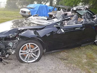 The Tesla Model S following its recovery from the crash scene near Williston, Florida.