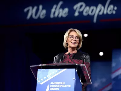 Betsy DeVos speaking at the 2017 Conservative Political Action Conference in National Harbor, Maryland.