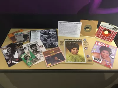 Aretha Franklin memorabilia on display at the Detroit Historical Museum, including a rare "Respect" test pressing.
