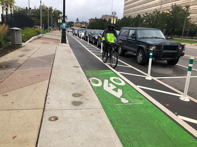 A man using one of Detroit's bike lanes, which Keith Crain believes nobody uses.