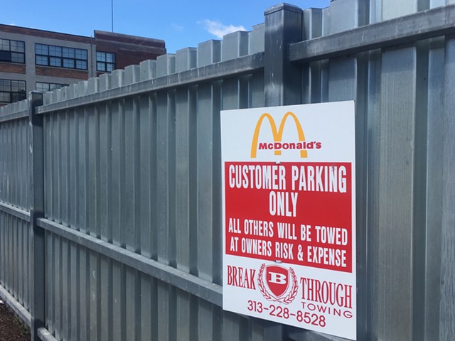 An apparently inaccurate warning at the McDonald’s in Midtown. According to people who’ve been victimized by Breakthrough, even customers can get towed here.