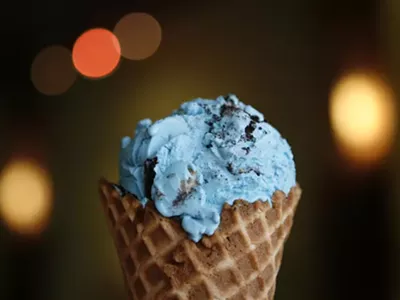 Kooky Monster, which is blue vanilla ice cream, with chocolate chip cookie dough and Oreo cookies, from Treat Dreams in Ferndale.