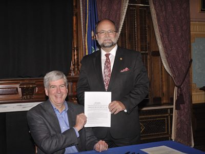 Former GOP Senate Majority Leader Alan Meekhof and Rick Snyder, who orchestrated the 2018 lame duck power grabs.