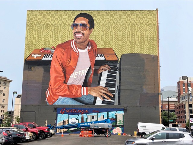 Music Hall's Stevie Wonder mural, photographed on Monday.