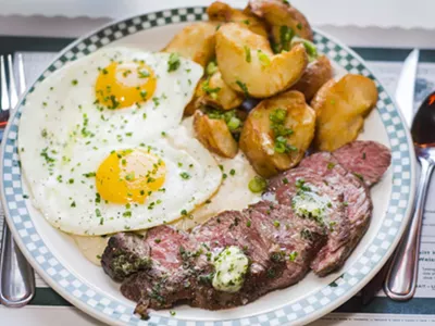 Steak and eggs.