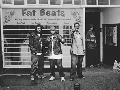 T3, J Dilla, and Baatin in front of Fat Beats Amsterdam.