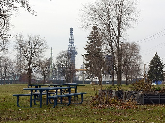 A park in the shadow of Marathon's oil refinery in southwest Detroit.