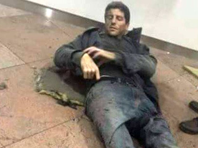 This photo tweeted by Belgian basketball team BC Telenet Oostende shows former Oakland University player Sebastien Bellin lying injured after a bomb exploded in the Brussels airport.