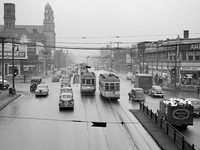 Streetcars ply Grand River Avenue in this view from Dec. 1, 1942