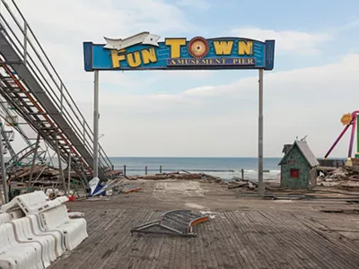 “Pier Entrance, Fun Town Amusements, Destroyed by Hurricane Sandy, Seaside Park, New Jersey, 2013. Elevation Sixteen Feet. N 39.94122 W 74.07093.”