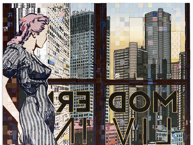 ”Modern Living,” a work by Faile, incorporates acrylic and silkscreen ink on blocks.