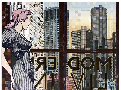 ”Modern Living,” a work by Faile, incorporates acrylic and silkscreen ink on blocks.