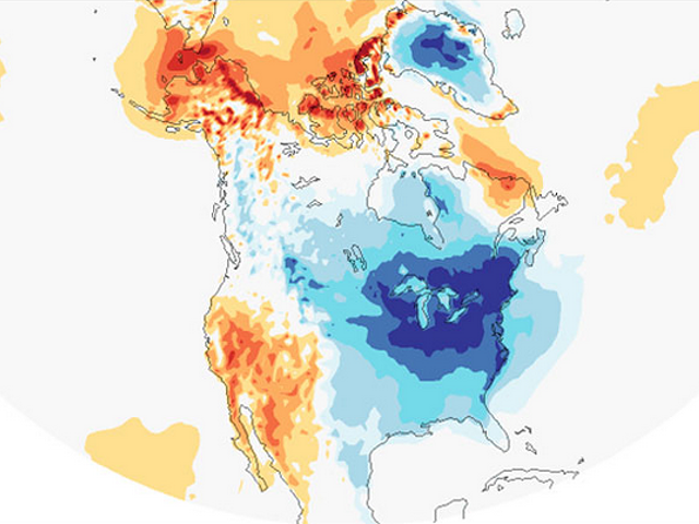 Temperatures in North America averaged over the two-week period December 25, 2017 to January 7, 2018.