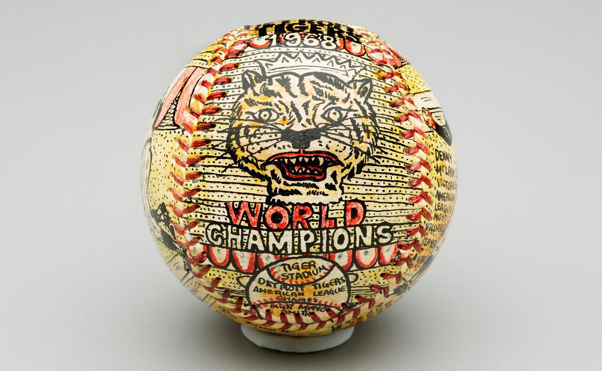 Detroit Tigers 1968 World Champions ball, pen and ink on leather by artist George Sosnak.