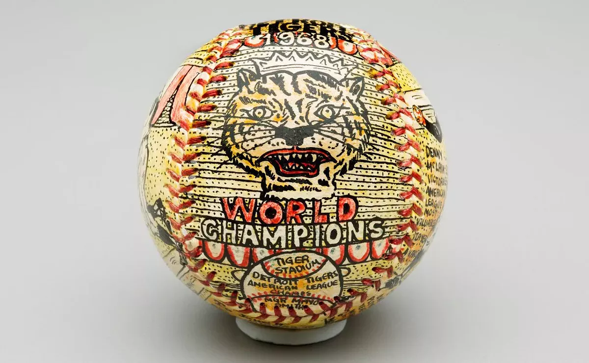 Image: Detroit Tigers 1968 World Champions ball, pen and ink on leather by artist George Sosnak.