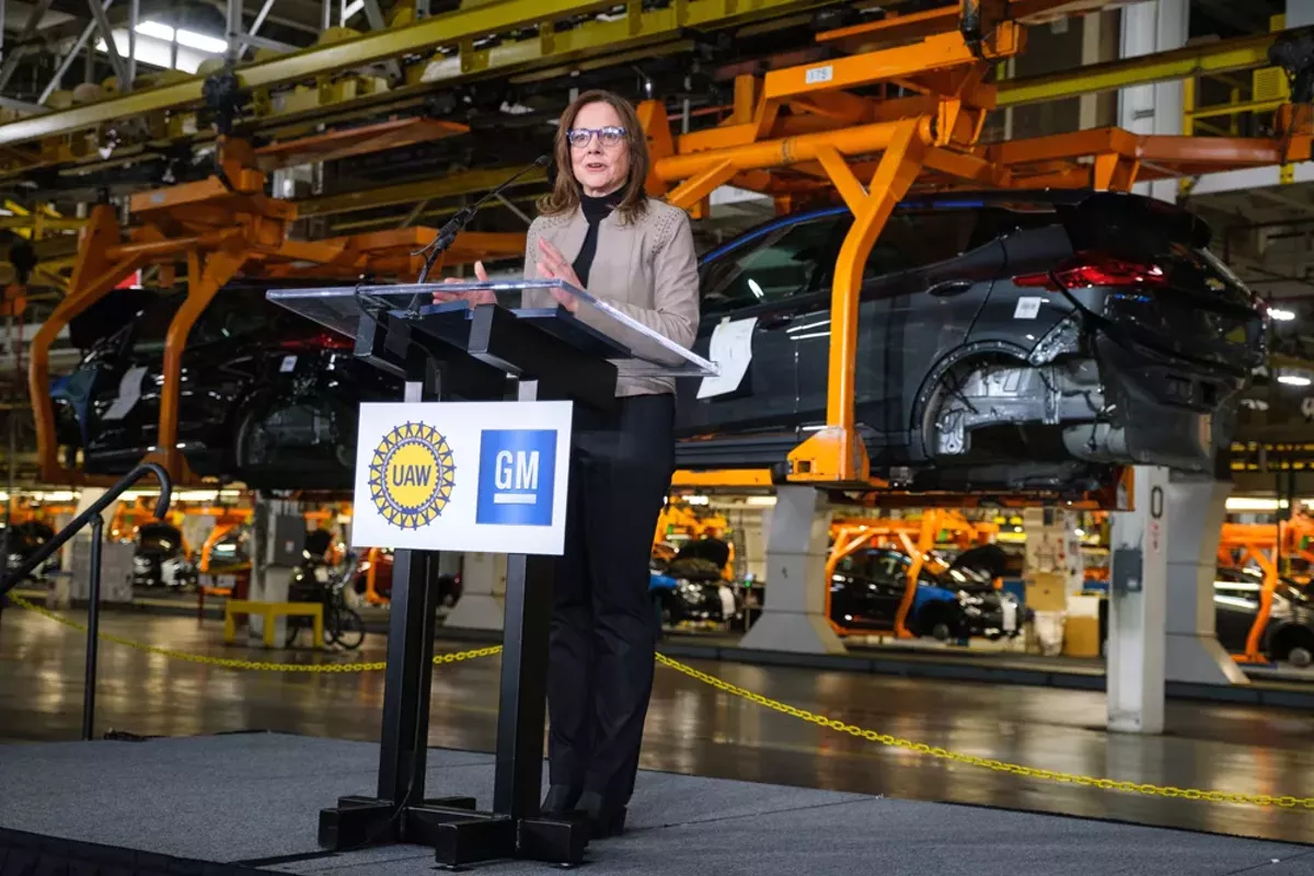 Image: General Motors CEO Mary Barra announces a $300 million investment in its Orion Township assembly plant to produce a new Chevrolet electric vehicle.