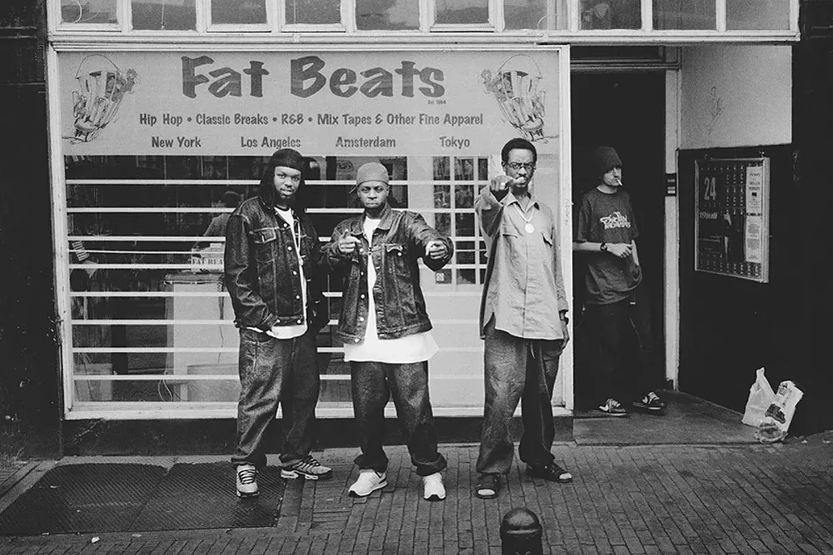Image: T3, J Dilla, and Baatin in front of Fat Beats Amsterdam.
