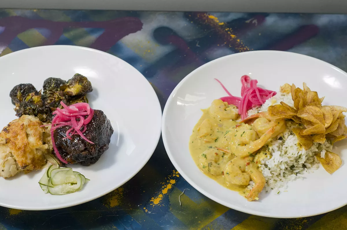 Image: Coconut and curry shrimp scampi, BBQ short rib.