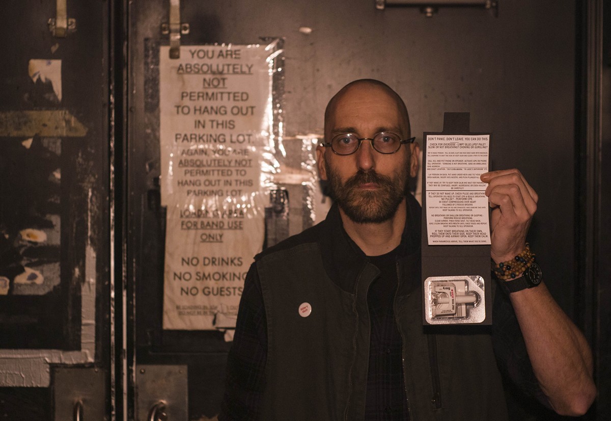 Scott Boyink and one of his Narcan kits, pictured in Small’s Bar, Hamtramck.