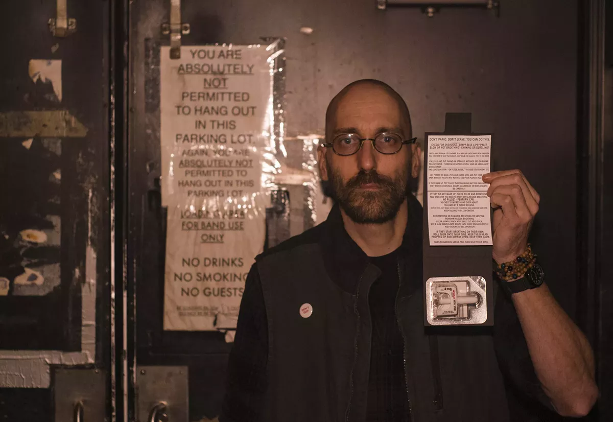 Image: Scott Boyink and one of his Narcan kits, pictured in Small’s Bar, Hamtramck.