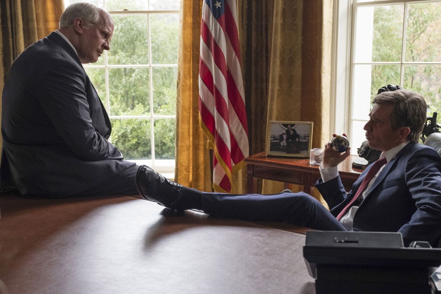 Christian Bale (left) as Dick Cheney and Sam Rockwell (right) as George W. Bush in Adam McKay’s Vice.