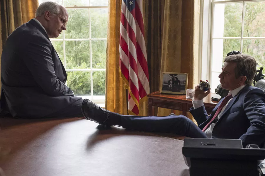 Christian Bale (left) as Dick Cheney and Sam Rockwell (right) as George W. Bush in Adam McKay’s Vice.