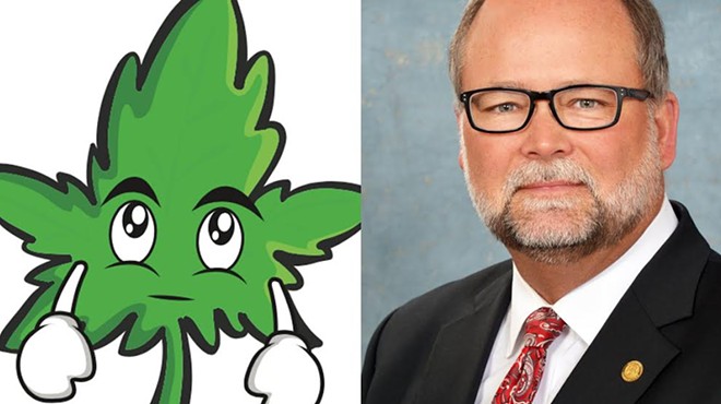 Frustrated weed leaf (left), Senate Majority Leader Arlan Meekhof (right).