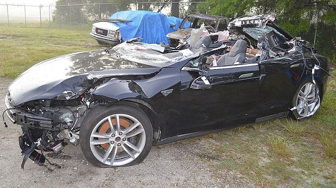 The Tesla Model S following its recovery from the crash scene near Williston, Florida.