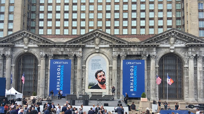 Ford Motor Co. celebrates its purchase of Detroit’s long-abandoned Michigan Central Station. Yes, that is a photo of Phil Cooley.