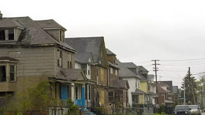 A row of dilapidated houses at Crane and Charlevoix on Detroit’s east side. Eleven houses on this block have been foreclosed since 2002.