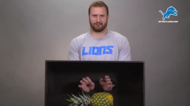 Detroit Lions Center Frank Ragnow is petrified by a pineapple.