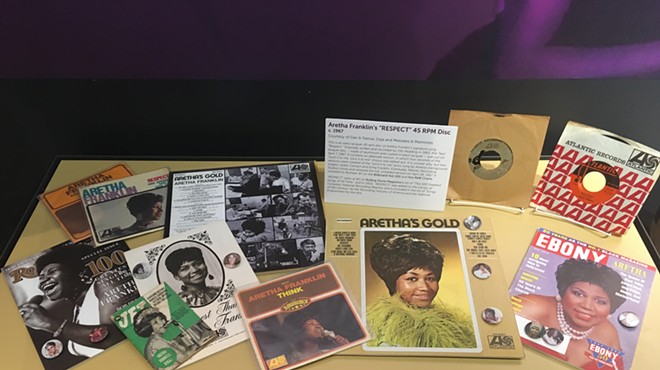 Aretha Franklin memorabilia on display at the Detroit Historical Museum, including a rare "Respect" test pressing.