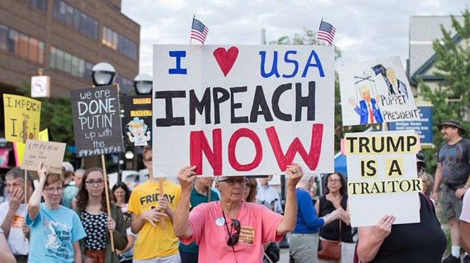 Demonstrators protested President Donald Trump in cities across the country in July following Trump's surrender to Vladimir Putin in Helsinki, Finland, including a contingent on the U-M campus in Ann Arbor.