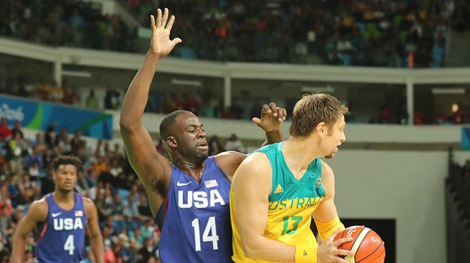 Former MSU basketball player and current Golden State Warrior Draymond Green playing defense against Australia during the 2016 Olympics.