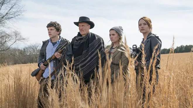 Jesse Eisenberg, Woody Harrelson, Abigail Breslin, and Emma Stone in Zombieland: Double Tap.