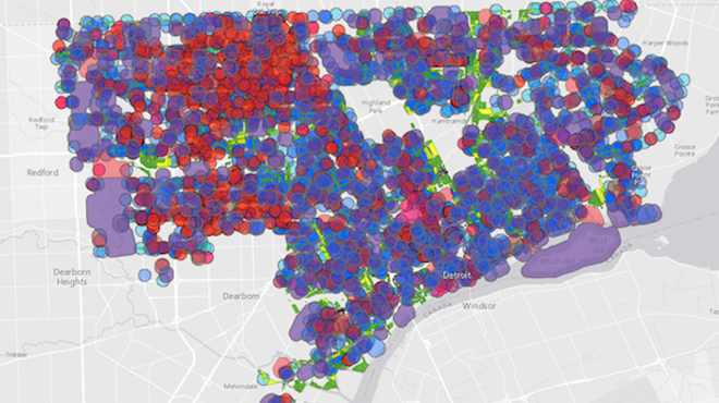What happened? Five years ago, nobody would stop talking about the amount of vacant buildings in Detroit. All of a sudden, we have 1,000-foot poles to protect them from investors. It's all in this map, which must be dicked around with to be believed.