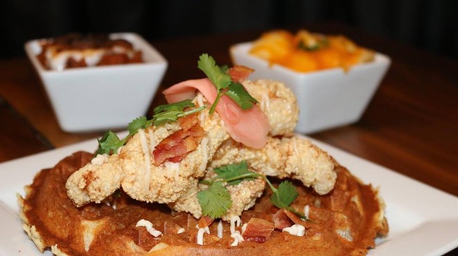 Chicken and waffles, Karaage-style with ginger marinated chicken.
