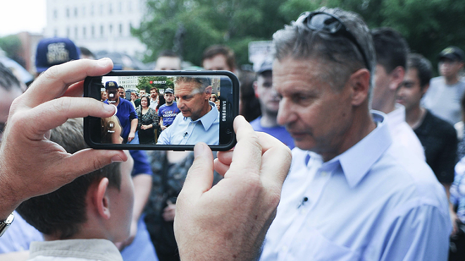 Libertarian presidential nominee Gary Johnson at his first New Hampshire campaign rally this summer.