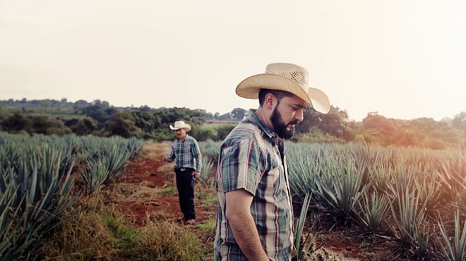 Antonio Lopez with his father, Silverio, in the background on their agave farm in the Los Altos region in the Mexican state.