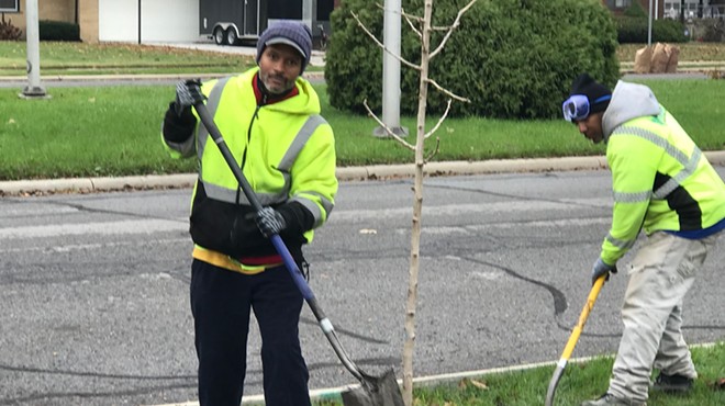 Crews plant a tree in northwest Detroit as part of the "10,000 Up" program.