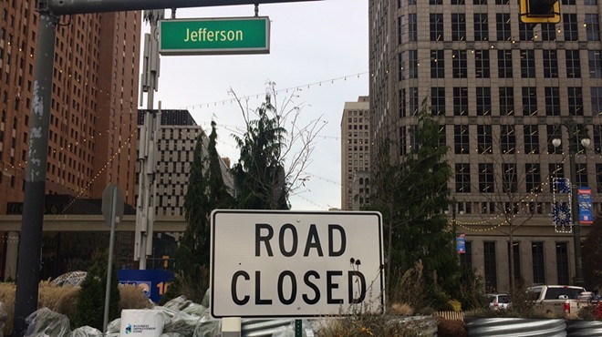 A "road closed" sign on Jefferson near Woodward, the site of the Spirit of Detroit Plaza.