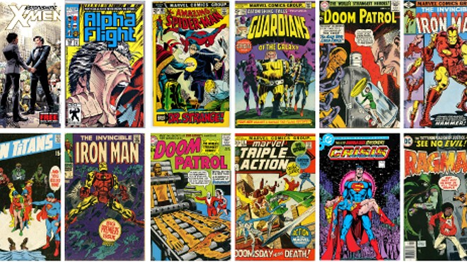 Various comic book covers from Corey Gross’ personal collection, on view at U-M Dearborn’s Alfred Berkowitz Gallery.